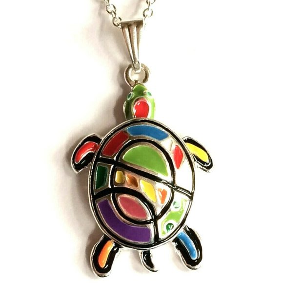 Silver Sea Life Turtle Necklace 24" Chain Nautical Island Beach Plated Plus Size - Picture 2 of 10